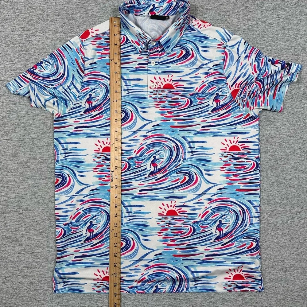 Sunday Swagger Polo Shirt Mens Medium Blue Red Surfer Ocean Print Stretch Golf - Picture 7 of 9